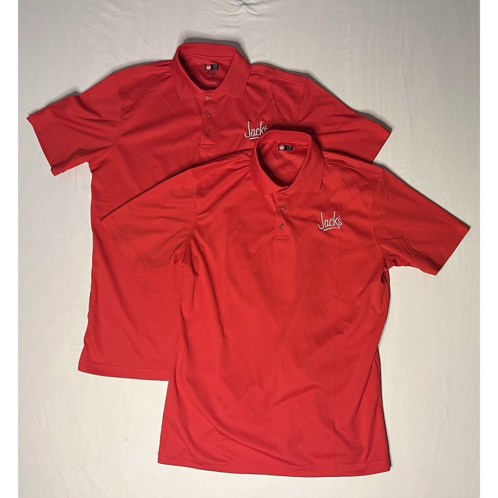 Jacks Restaurant Uniform Polo Shirts Men's Size Large Red Short Sleeve Lot Of 2
